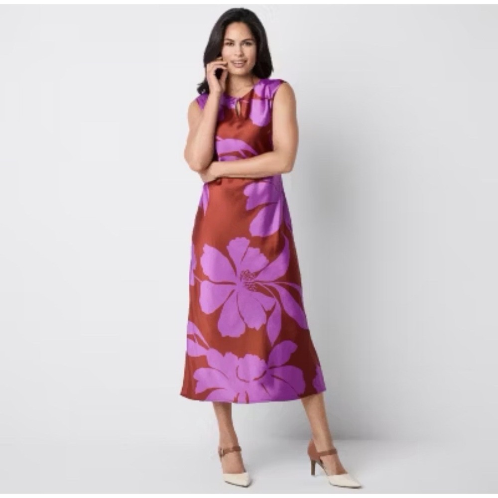 NWT Liz Claiborne Dress M Brown Purple Floral Keyhole Maxi Classy Cocktail Satin